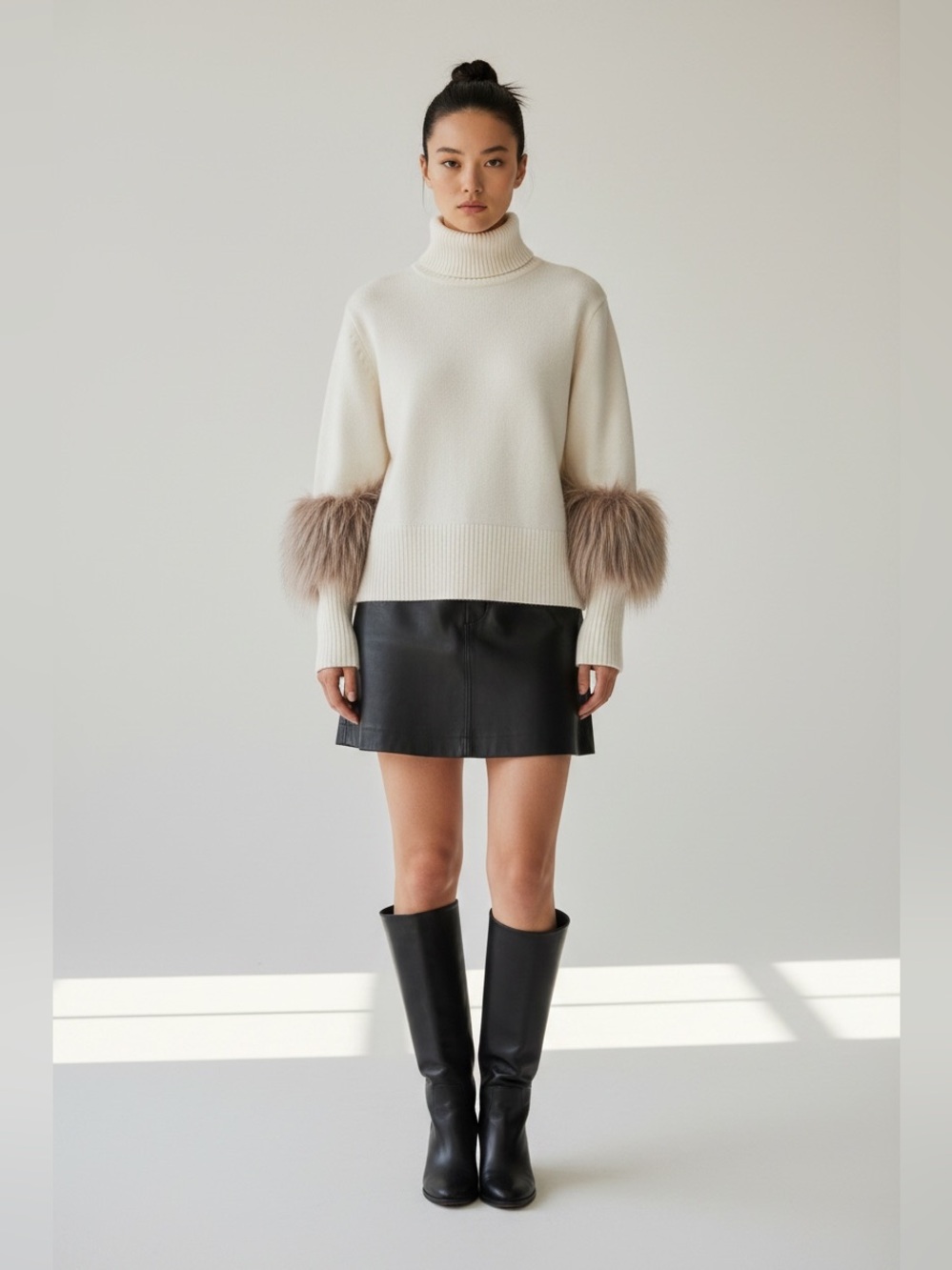 Saks Fifth Avenue Faux Fur Cuff Turtleneck Sweater XS